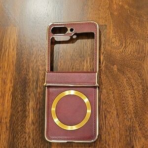 Samsung  Zflip 5 Phone Luxury Brown Leather Phone Case with Metal Ring